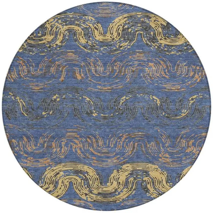 8' Navy Blue And Gold Round Abstract Washable Indoor Outdoor Area Rug Photo 3