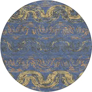 Photo of 8' Navy Blue And Gold Round Abstract Washable Indoor Outdoor Area Rug