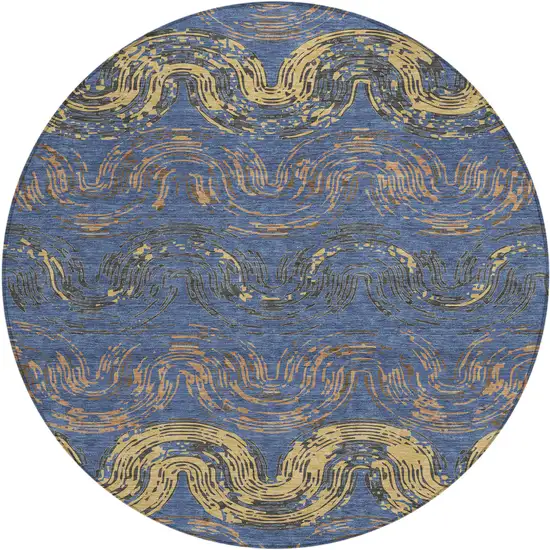 8' Navy Blue And Gold Round Abstract Washable Indoor Outdoor Area Rug Photo 1