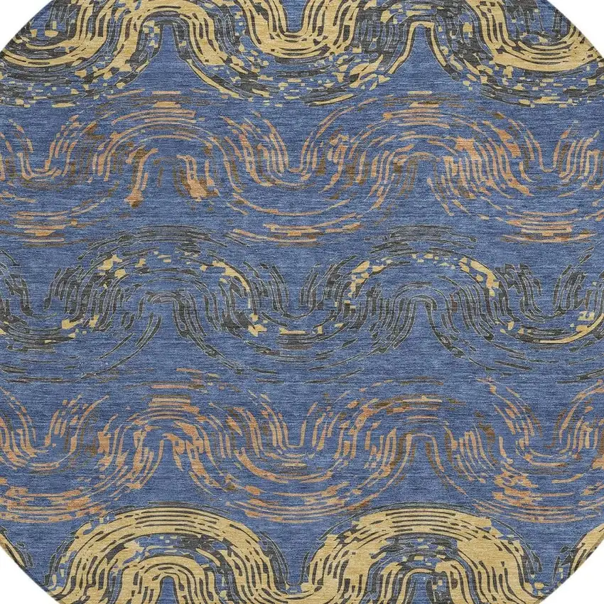 8' Navy Blue And Gold Round Abstract Washable Indoor Outdoor Area Rug Photo 2