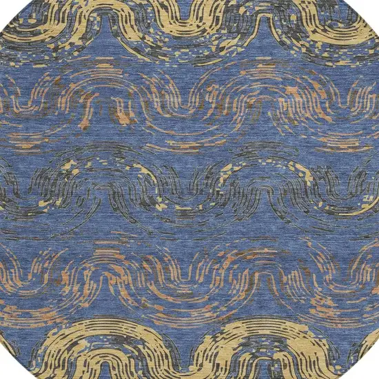 8' Navy Blue And Gold Round Abstract Washable Indoor Outdoor Area Rug Photo 2