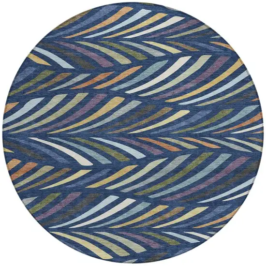 8' Navy Blue And Gold Round Abstract Washable Indoor Outdoor Area Rug Photo 3