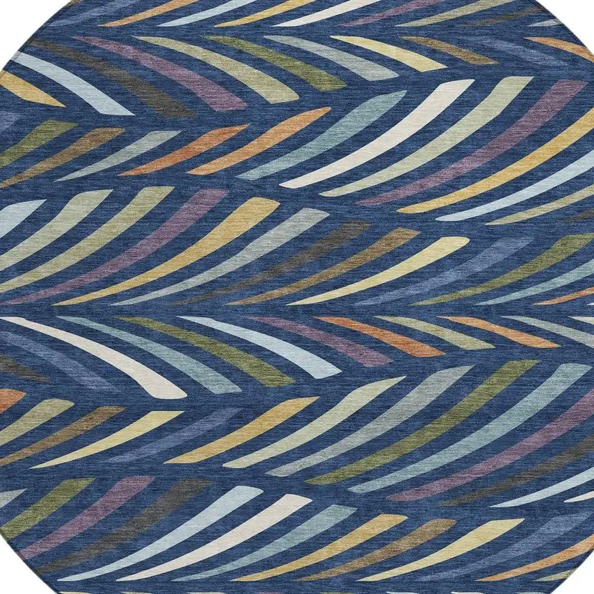 8' Navy Blue And Gold Round Abstract Washable Indoor Outdoor Area Rug Photo 2