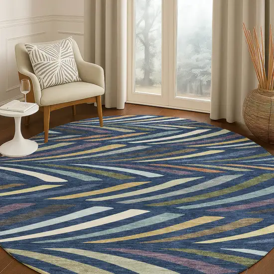 8' Navy Blue And Gold Round Abstract Washable Indoor Outdoor Area Rug Photo 5