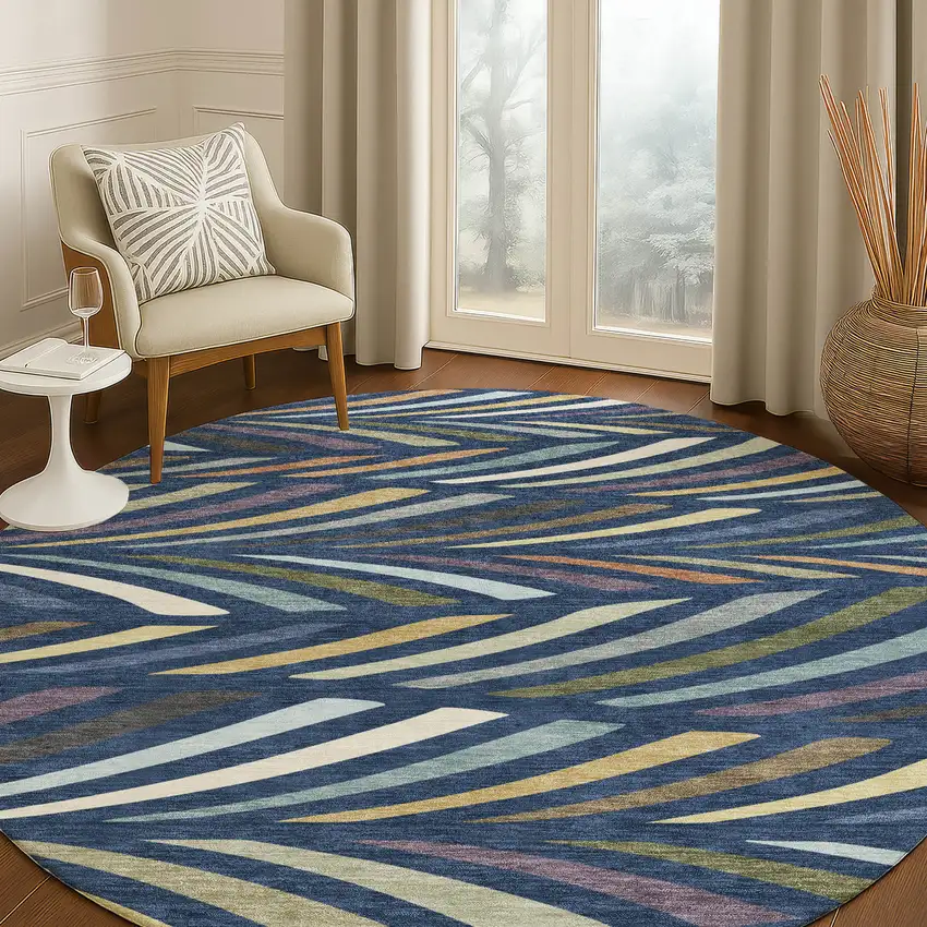 8' Navy Blue And Gold Round Abstract Washable Indoor Outdoor Area Rug Photo 5