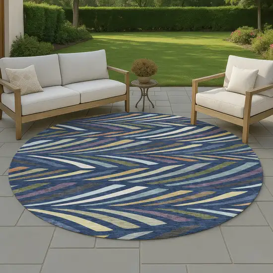 8' Navy Blue And Gold Round Abstract Washable Indoor Outdoor Area Rug Photo 4
