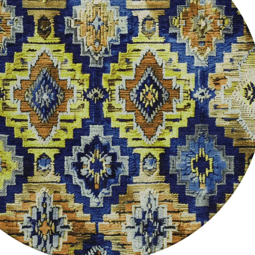 8' Navy Blue And Gold Round Aztec Washable Indoor Outdoor Area Rug Photo 8