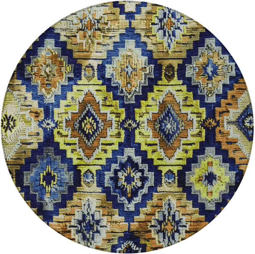 8' Navy Blue And Gold Round Aztec Washable Indoor Outdoor Area Rug Photo 3