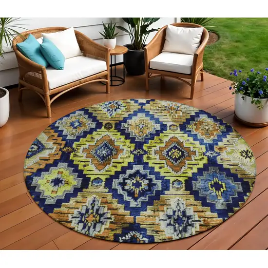 8' Navy Blue And Gold Round Aztec Washable Indoor Outdoor Area Rug Photo 2