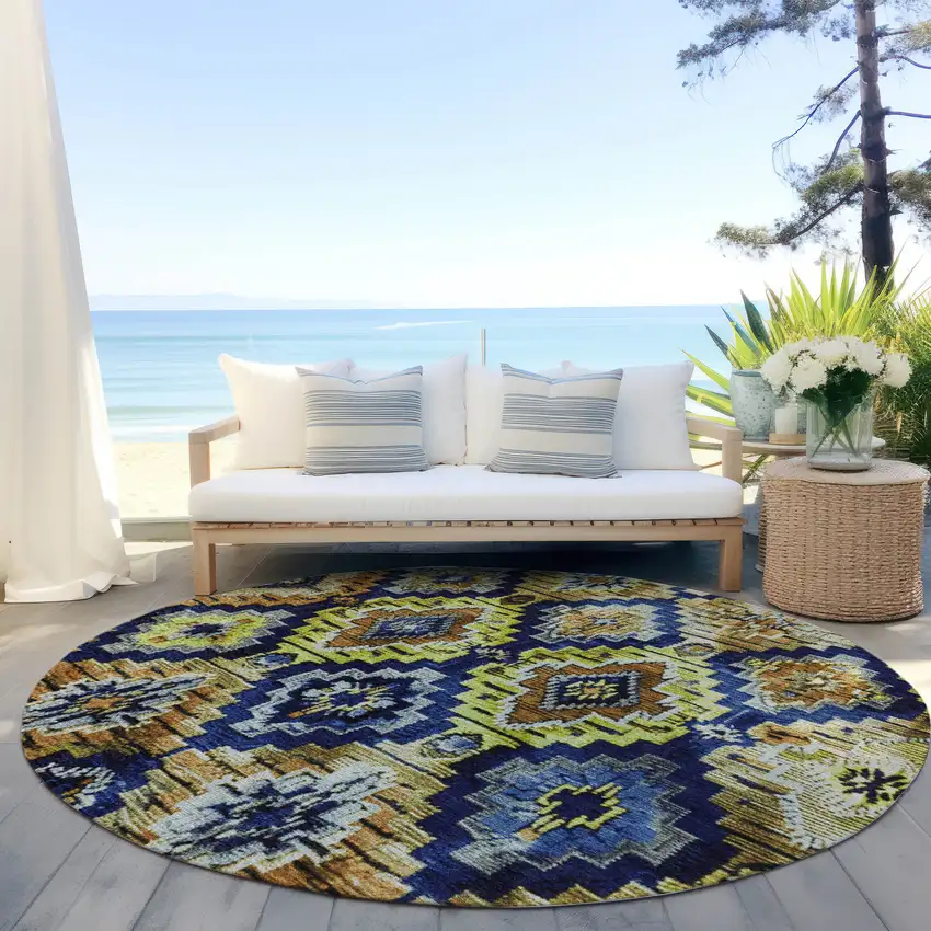 8' Navy Blue And Gold Round Aztec Washable Indoor Outdoor Area Rug Photo 5