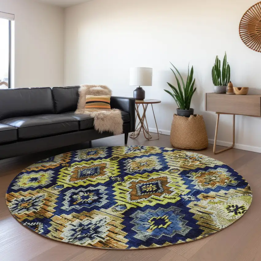 8' Navy Blue And Gold Round Aztec Washable Indoor Outdoor Area Rug Photo 6
