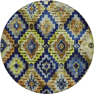 Photo of 8' Navy Blue And Gold Round Aztec Washable Indoor Outdoor Area Rug