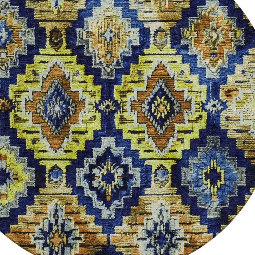8' Navy Blue And Gold Round Aztec Washable Indoor Outdoor Area Rug Photo 4