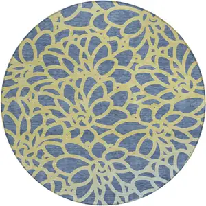 Photo of 8' Navy Blue And Gold Round Botanical Leaves Washable Indoor Outdoor Area Rug