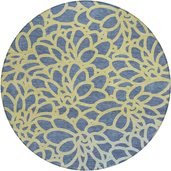 8' Navy Blue And Gold Round Botanical Leaves Washable Indoor Outdoor Area Rug Photo 1