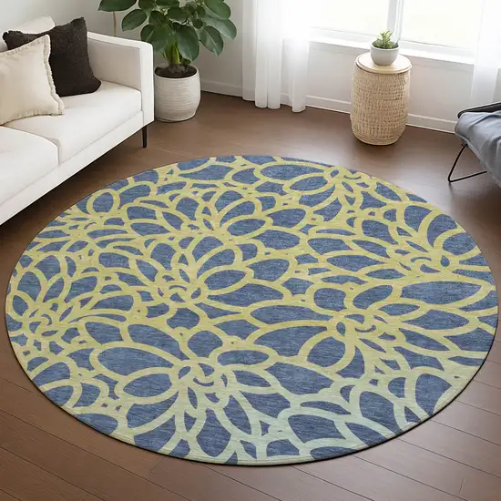 8' Navy Blue And Gold Round Botanical Leaves Washable Indoor Outdoor Area Rug Photo 5