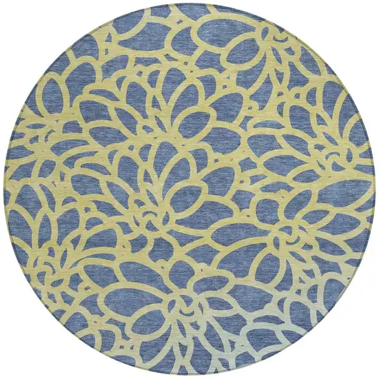 8' Navy Blue And Gold Round Botanical Leaves Washable Indoor Outdoor Area Rug Photo 3