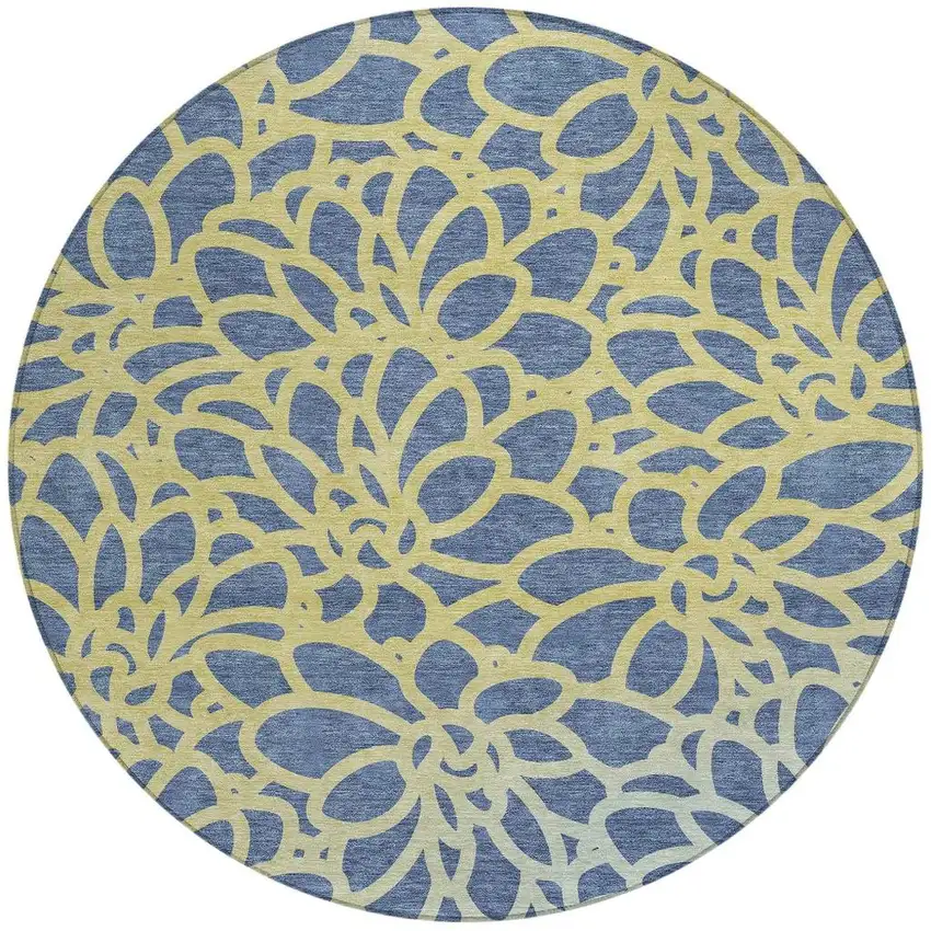 8' Navy Blue And Gold Round Botanical Leaves Washable Indoor Outdoor Area Rug Photo 3