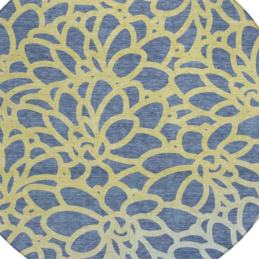 8' Navy Blue And Gold Round Botanical Leaves Washable Indoor Outdoor Area Rug Photo 2