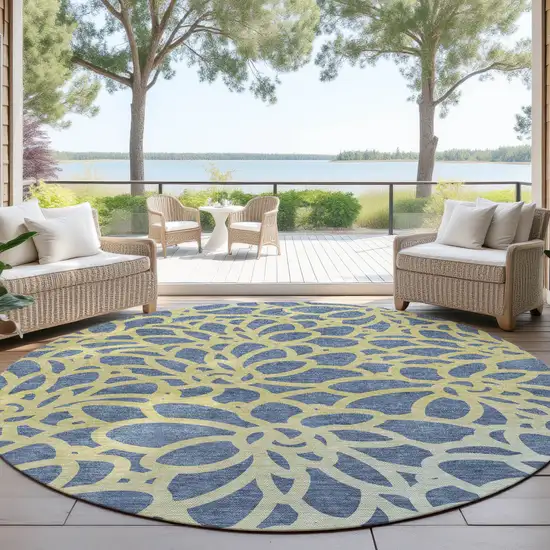 8' Navy Blue And Gold Round Botanical Leaves Washable Indoor Outdoor Area Rug Photo 4