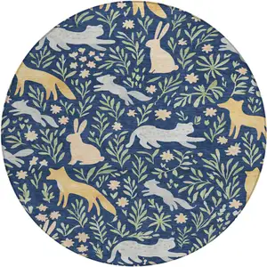 Photo of 8' Navy Blue And Gold Round Botanical Leaves Washable Indoor Outdoor Area Rug