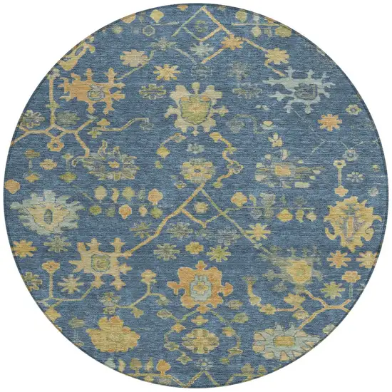 8' Navy Blue And Gold Round Floral Washable Indoor Outdoor Area Rug Photo 3