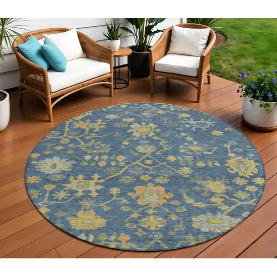 8' Navy Blue And Gold Round Floral Washable Indoor Outdoor Area Rug Photo 2
