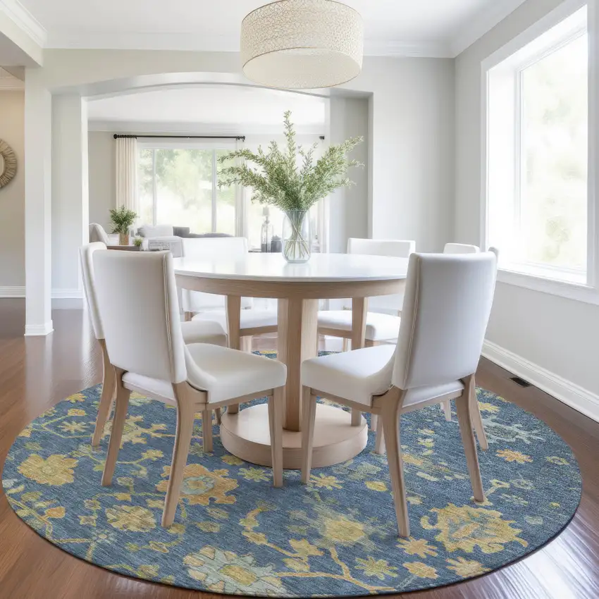 8' Navy Blue And Gold Round Floral Washable Indoor Outdoor Area Rug Photo 6