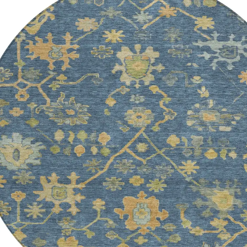 8' Navy Blue And Gold Round Floral Washable Indoor Outdoor Area Rug Photo 9