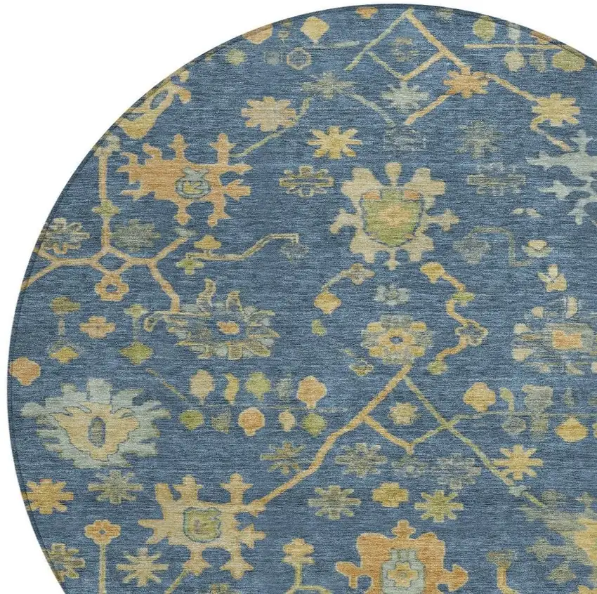 8' Navy Blue And Gold Round Floral Washable Indoor Outdoor Area Rug Photo 4