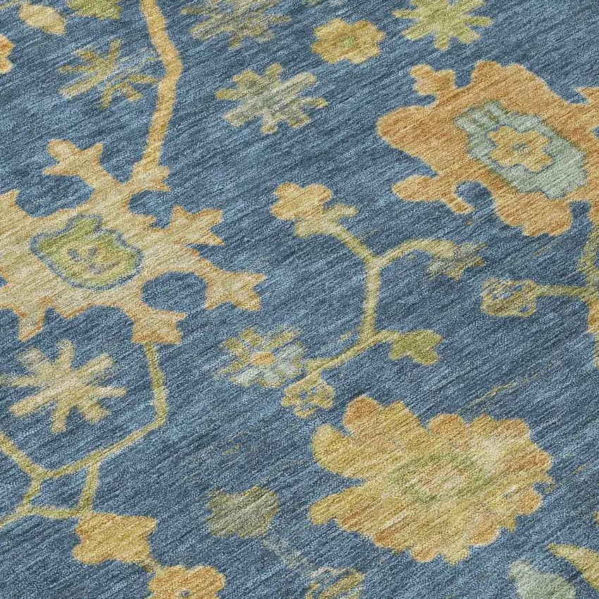 8' Navy Blue And Gold Round Floral Washable Indoor Outdoor Area Rug Photo 8