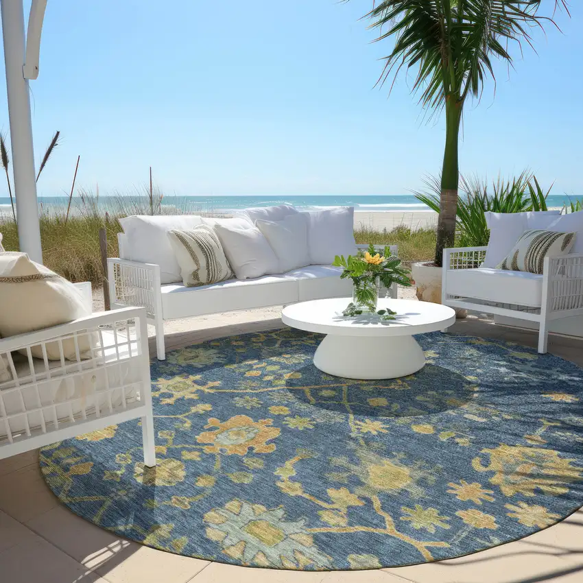 8' Navy Blue And Gold Round Floral Washable Indoor Outdoor Area Rug Photo 5