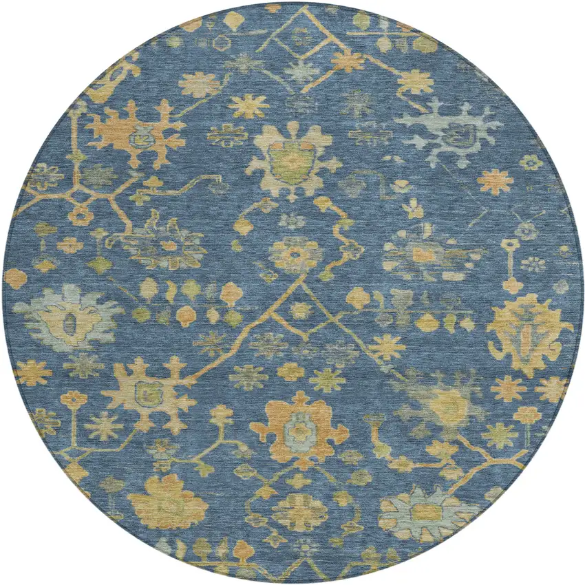 8' Navy Blue And Gold Round Floral Washable Indoor Outdoor Area Rug Photo 1