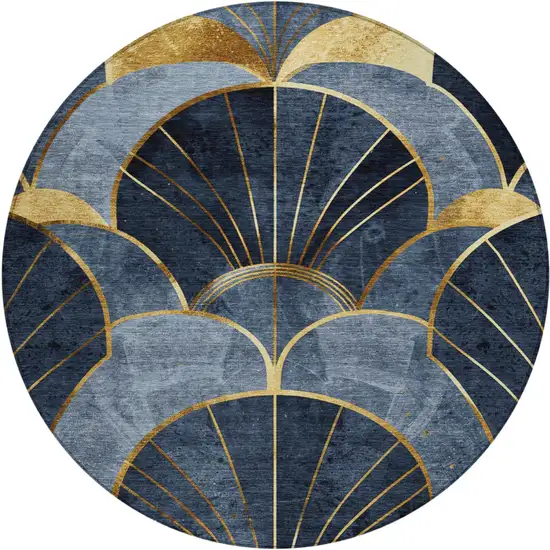 8' Navy Blue And Gold Round Floral Washable Indoor Outdoor Area Rug Photo 1