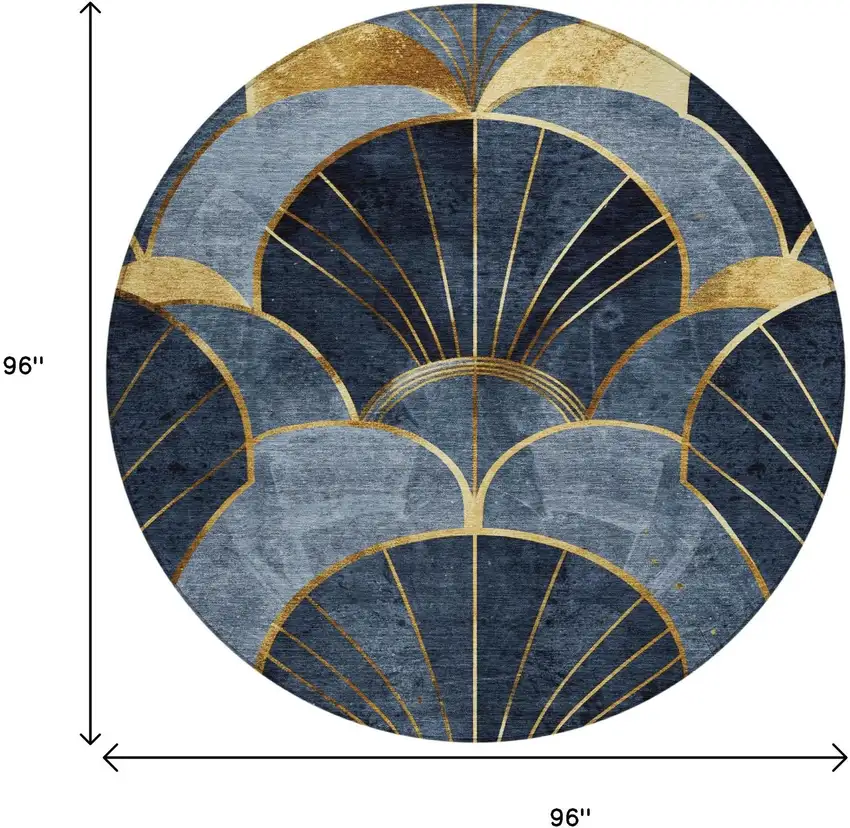 8' Navy Blue And Gold Round Floral Washable Indoor Outdoor Area Rug Photo 9