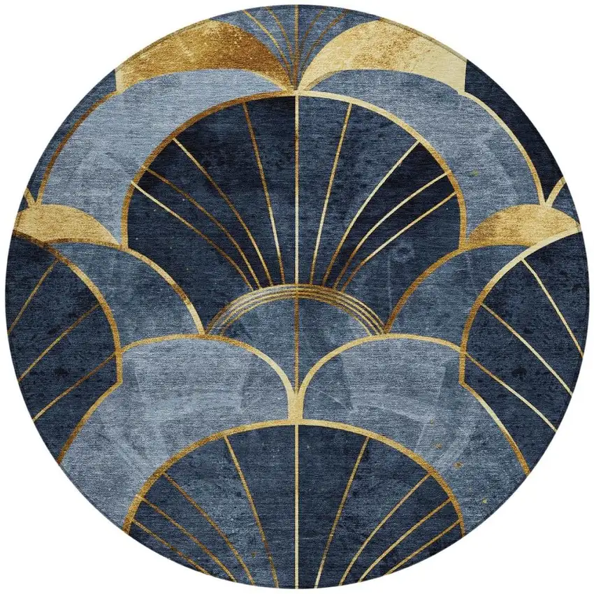 8' Navy Blue And Gold Round Floral Washable Indoor Outdoor Area Rug Photo 4