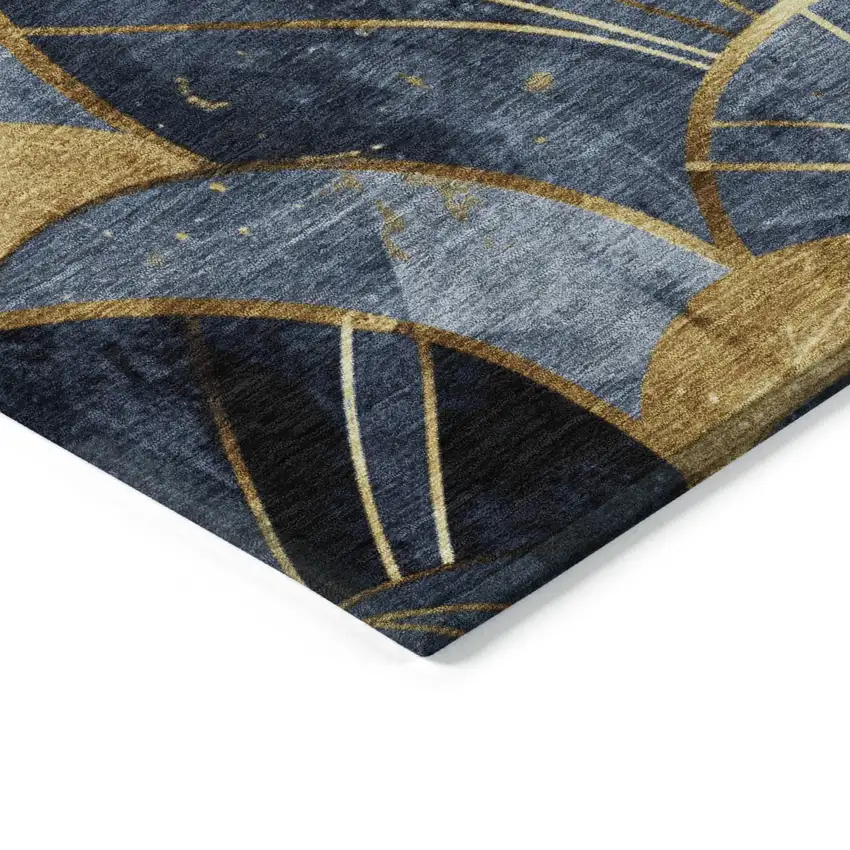 8' Navy Blue And Gold Round Floral Washable Indoor Outdoor Area Rug Photo 5