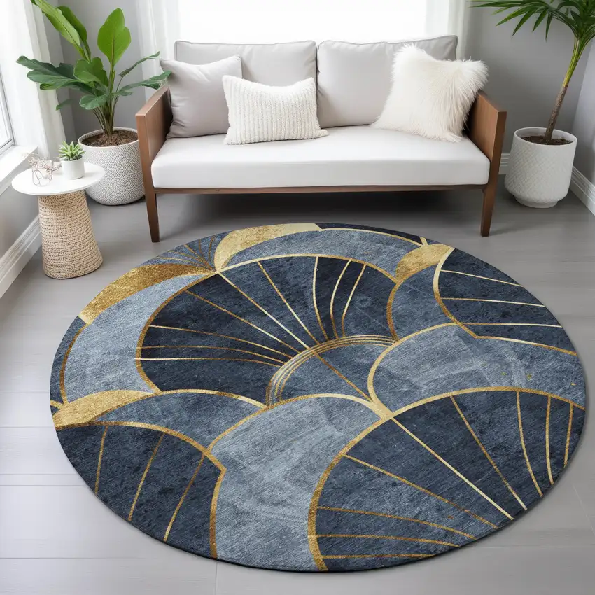 8' Navy Blue And Gold Round Floral Washable Indoor Outdoor Area Rug Photo 8
