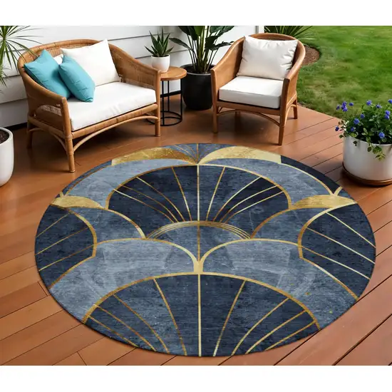 8' Navy Blue And Gold Round Floral Washable Indoor Outdoor Area Rug Photo 2