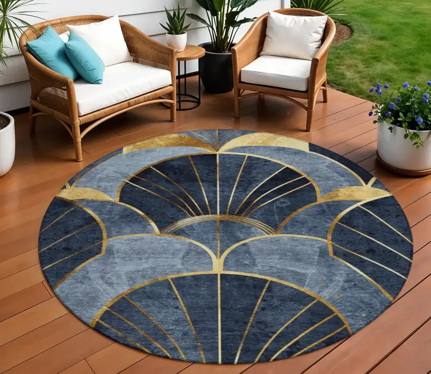 8' Navy Blue And Gold Round Floral Washable Indoor Outdoor Area Rug Photo 2