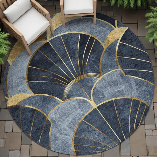 8' Navy Blue And Gold Round Floral Washable Indoor Outdoor Area Rug Photo 7