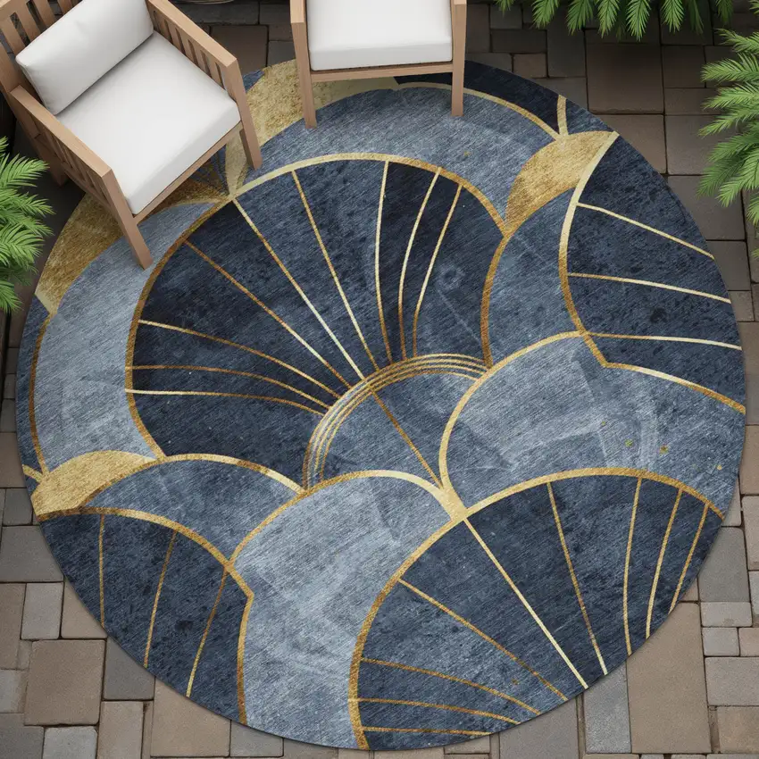 8' Navy Blue And Gold Round Floral Washable Indoor Outdoor Area Rug Photo 7