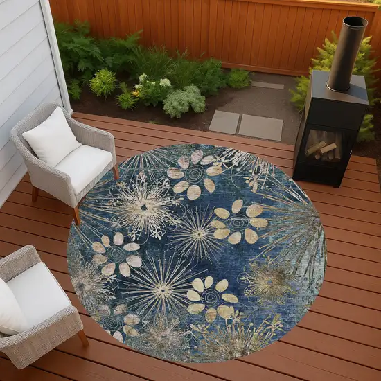 8' Navy Blue And Gold Round Floral Washable Indoor Outdoor Area Rug Photo 8