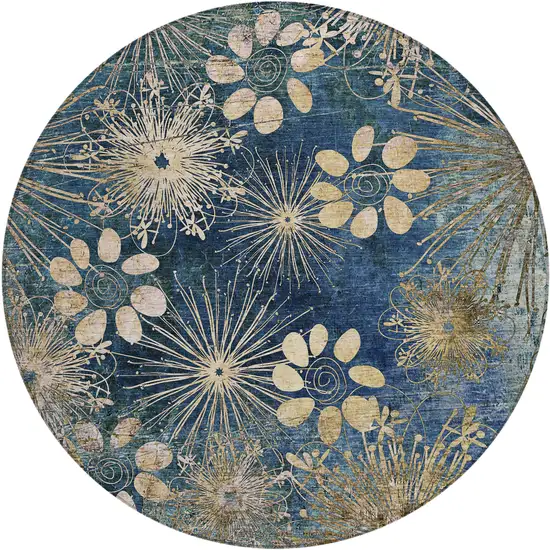 8' Navy Blue And Gold Round Floral Washable Indoor Outdoor Area Rug Photo 2