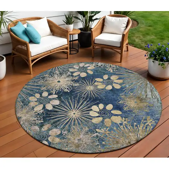 8' Navy Blue And Gold Round Floral Washable Indoor Outdoor Area Rug Photo 1