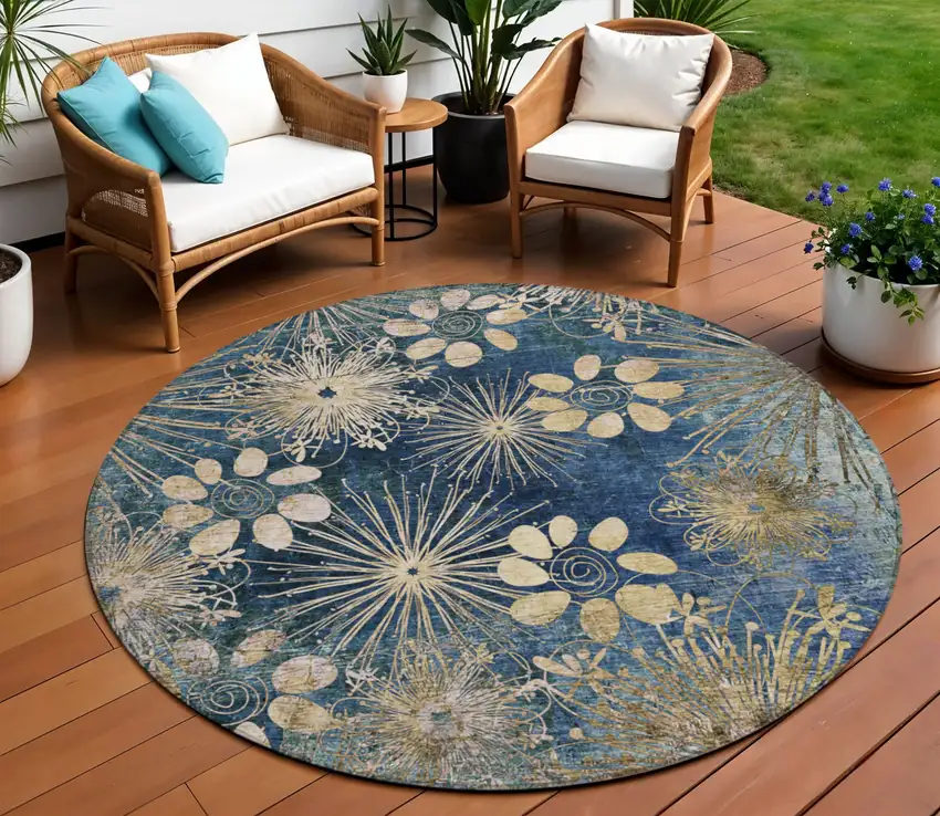 8' Navy Blue And Gold Round Floral Washable Indoor Outdoor Area Rug Photo 1