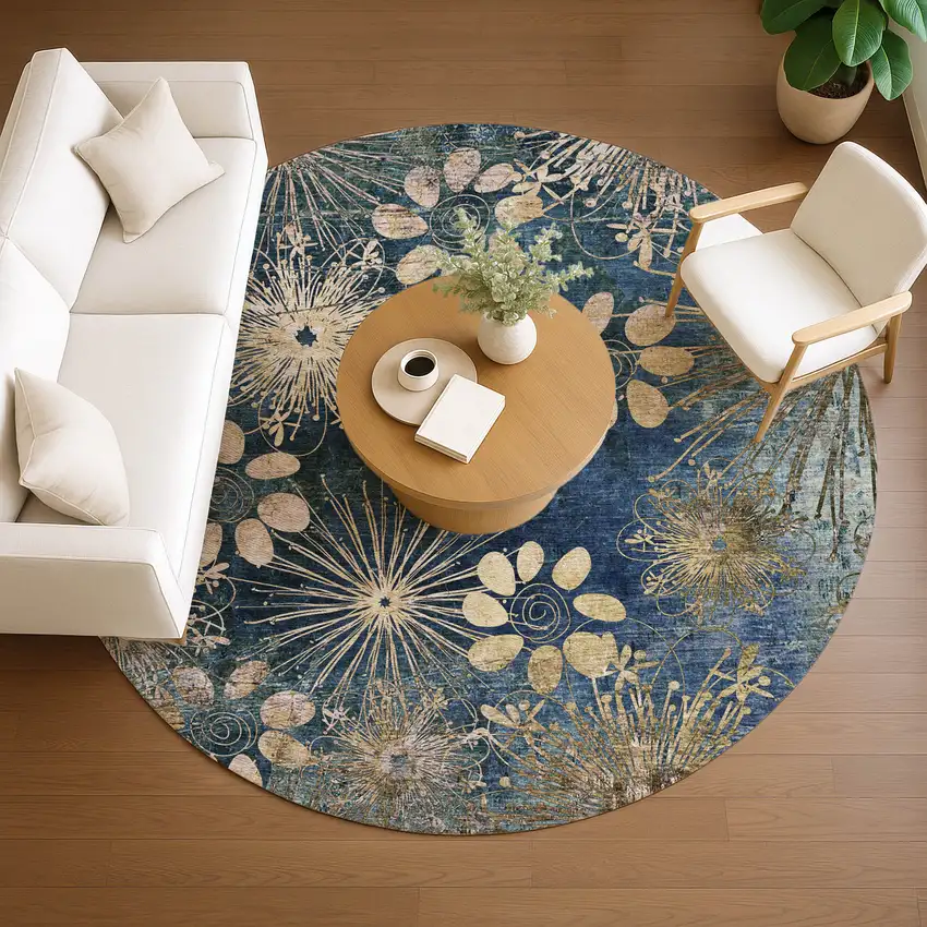8' Navy Blue And Gold Round Floral Washable Indoor Outdoor Area Rug Photo 9