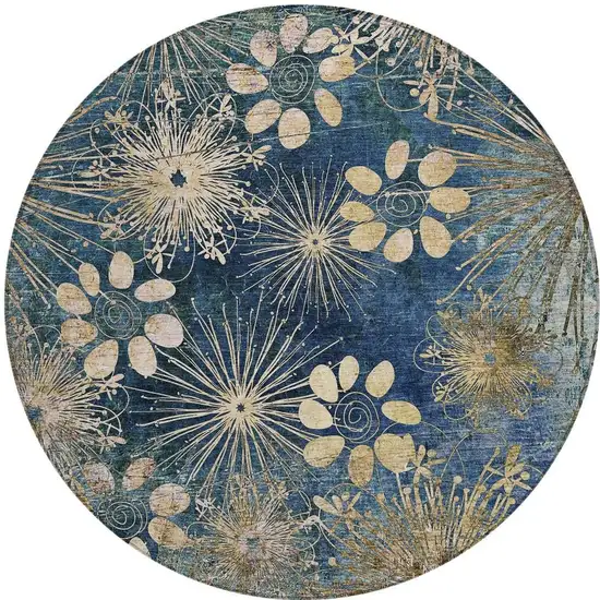 8' Navy Blue And Gold Round Floral Washable Indoor Outdoor Area Rug Photo 4
