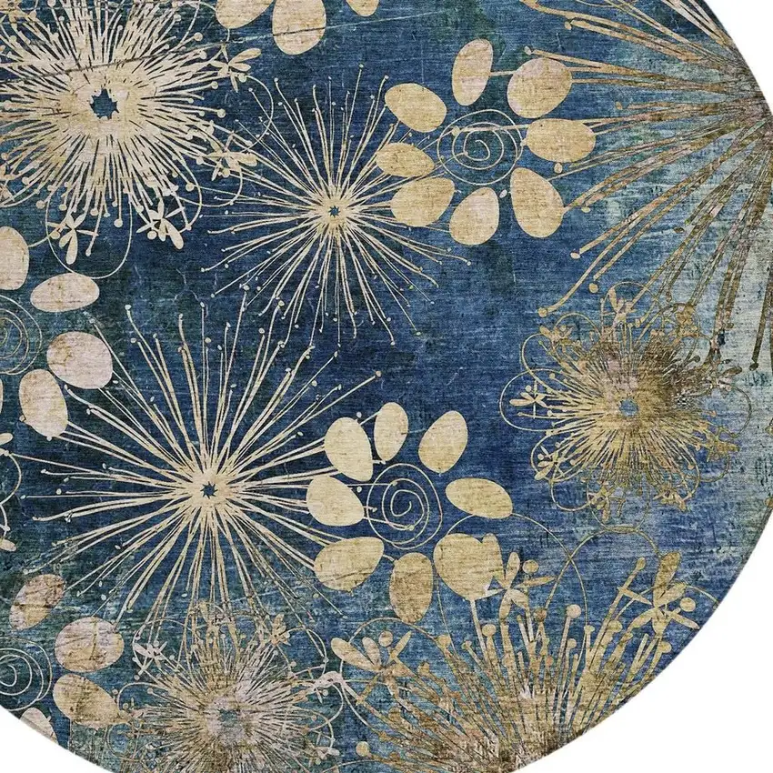 8' Navy Blue And Gold Round Floral Washable Indoor Outdoor Area Rug Photo 6