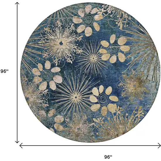 8' Navy Blue And Gold Round Floral Washable Indoor Outdoor Area Rug Photo 3